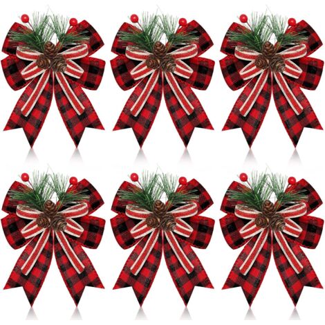 Lot de 6 nœuds de Noël en toile de jute avec pommes de pin et aiguilles de pin, ruban à carreaux, décoration d'arbre de Noë(rouge et noir) (1/5)