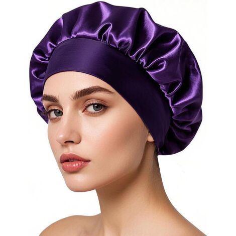 Bonnet de nuit en satin, bonnet de nuit en soie, bonnet de nuit pour femme aux cheveux longs et bouclés (violet foncé) (1/5)