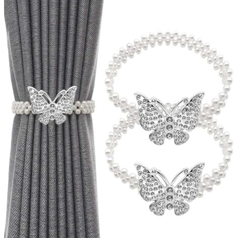 Lot de 2 Attache Rideau en Réglables avec Fil à Ressort, Attaches Rideaux avec Butterfly et Perles, Pas de Forage(Argent)