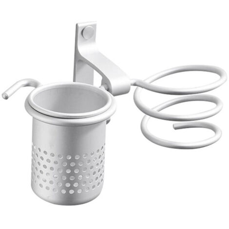 Support mural pour sèche-cheveux en aluminium avec rangement et fixation par vis - Support de téléphone compatible avec les fers à lisser (argent) (1/5)