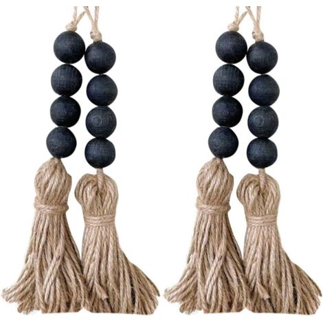 Lot de 4 guirlandes de perles en bois à suspendre, pompons, cordes, décoration d'intérieur, perles de prière, décoration à suspendre, noir (1/5)