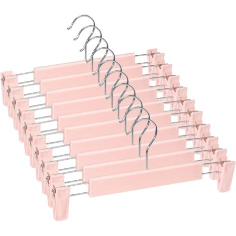 Lot de 10 cintres pour jupes, pantalons avec 2 pinces réglables antidérapantes pour pantalons suspendus, chaussettes, jupes, rose (1/5)