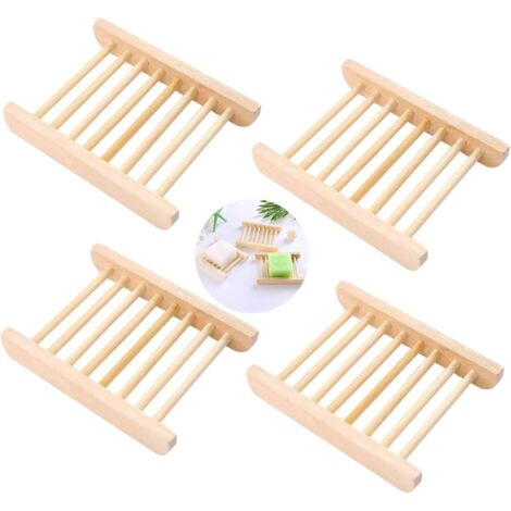 Porte-savon en bois, porte-savon rectangulaire en bois naturel, porte-savon en céramique, accessoire de plateau à savon en forme de lotus, porte-savon naturel pour salle de bain de cuisine (4 pièces) (1/5)