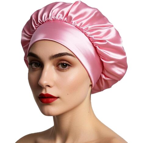 Bonnet de nuit en satin, bonnet de nuit en soie, bonnet de nuit pour femme aux cheveux longs et bouclés (rose) (1/5)