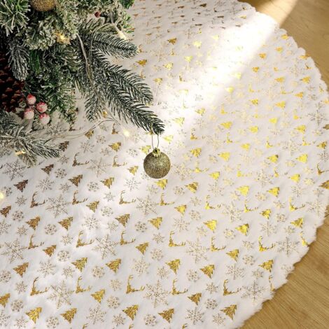 Jupe de sapin de Noël en peluche blanche de 90 cm avec imprimé flocons de neige dorés, pour décoration de sapin de Noël, nouvel an (doré, 90 cm) (1/5)