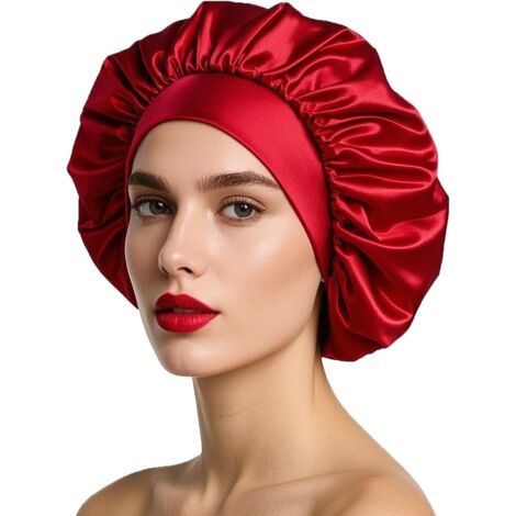 Bonnet de nuit en satin, bonnet de nuit en soie, bonnet de nuit pour femme aux cheveux longs et bouclés (rouge) (1/5)