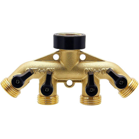 Distributeur de tuyau en laiton à 4 voies, connecteur adaptateur de tuyau d'arrosage de 3/4 pouce, adaptateur de robinet de tuyau avec 4 vannes (1/5)