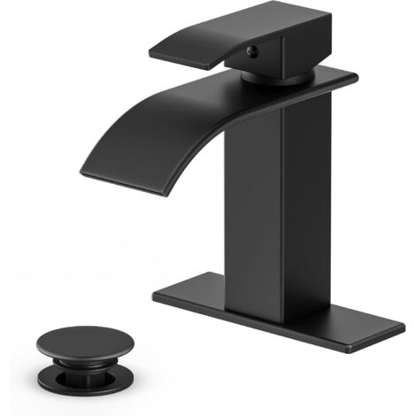 Robinet de salle de bain moderne noir mat, robinet de lavabo de salle de bain cascade avec poignée unique, adapté pour 1 ou 3 trous, fourni avec plaque de recouvrement et tuyau (1/4)