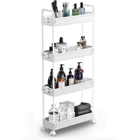 Chariot de rangement fin, chariot de rangement roulant pour salle de bain à 4 niveaux, chariot d'organisation mobile pour bureau, salle de bain, cuisine et buanderie, espaces restreints, blanc (1/3)