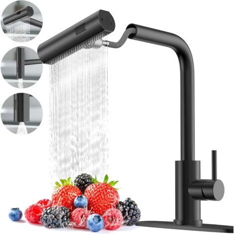 Robinet de cuisine en cascade noir mat avec pulvérisateur amovible, monotrou, poignée unique, robinet extractible, robinet d'évier en acier inoxydable pour maisons de campagne (1/4)