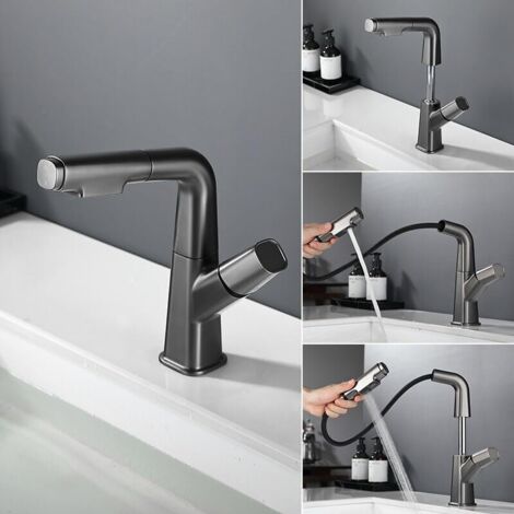 Robinet de lavabo extractible, robinet rotatif eau chaude et froide pour lavabo, gris (1/4)