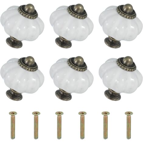 Six boutons en céramique blanche, de 3,3 x 3,3 x 3,8 cm chacun, avec vis. Boutons et poignées de tiroir en céramique en forme de citrouille. (1/5)