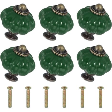 Boutons en céramique vert foncé, 3,33,33,8 cm, 6 pièces avec vis, boutons et poignées de tiroir d'armoire en céramique en forme de citrouille. (1/5)