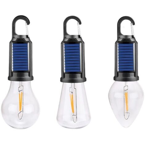 Lampe solaire de camping rechargeable, noire, 17,5 cm de haut, avec 3 clips et crochets pour la suspendre, rechargeable par USB. (1/5)