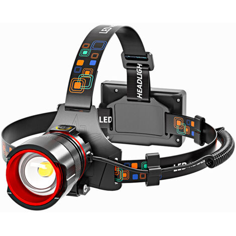 Lampe frontale (noire avec anneau rouge) - Lampe de pêche nocturne en extérieur, capteur camping/randonnée, zoomable. (1/5)