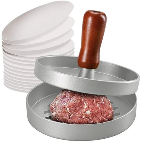 Presse à hamburger argentée 11,8 x 11,8 x 7,9 cm (1 pièce) avec 100 papiers sulfurisés Ensemble de presses à hamburger en aluminium moulé (1/5)