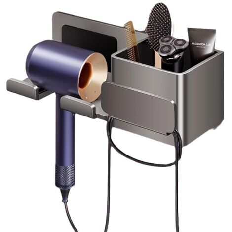 Support gris pour sèche-cheveux, sans perçage, enrouleur de cordon de rangement pour salle de bain, étagère de salle de bain. (1/5)