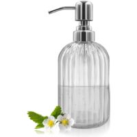 Distributeur de Savon en Verre 304 g avec Pompe en Acier Inoxydable Rechargeable pour Salle de Bain, Cuisine, Plan de Travail, buanderie (Transparent)