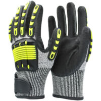 Deux gants de travail jaunes taille L, résistants aux coupures, à l'abrasion, aux chocs, aux impacts et aux perforations.