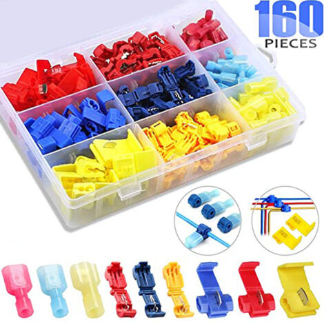 Lntyq 160Pcs Connecteur de fil T-Connecto Rapide de Cosse électrique 60 pcs Connecteur Rapide T-Tap + 60pcs Connecteur Terminal Entièrement Isolé + 40pcs Connecteur Dérivation Rapide (1/4)