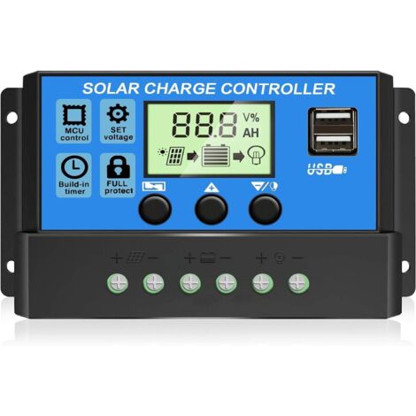 Lntyq 30A PWM Contrôleur de charge solaire , régulateur de Panneau Solaire 12V/24V avec écran LCD réglable, Double port USB, Réglage de la minuterie, paramètre automatique (bleu) (1/5)