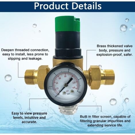 Réducteur De Pression Eau 3/4″ Laiton – Avec Filtre 40µm + Manomètre, Robinet Anti-Coup De Bélier