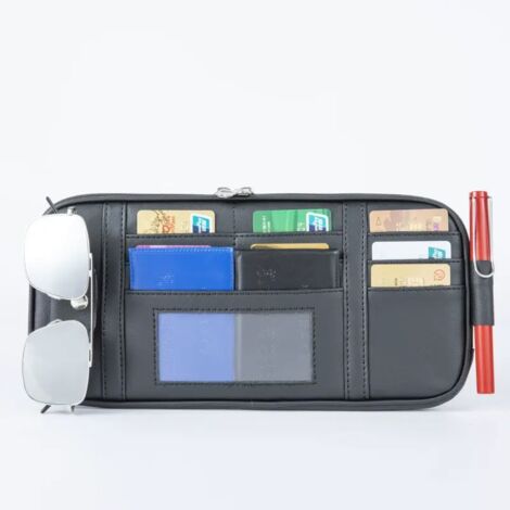 Lntyq Organiseur de pare-soleil de voiture (noir) Pochette de rangement avec plusieurs poches en filet à fermeture éclair Organiseur de pare-soleil pour lunettes de soleil, pièces de monnaie, (1/5)