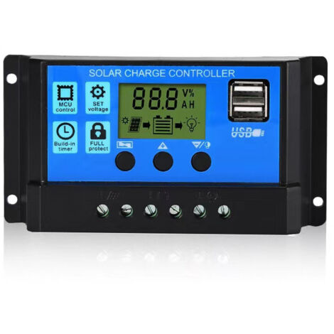 Lntyq Régulateur de charge de panneau solaire PWM, 12 V/24 V, 20 A, écran LCD, double port USB