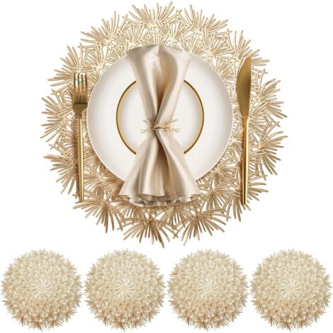 Lntyq Set de Table Rond Lot De 4 Set de Table Lavable 38cm Dessous De Table pour L'Isolation Thermique de L'Assiette et de la Décoration De Table Or