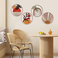 Déco Murale Bohème - 4 Cadres Ronds En Bois 20x20 Cm, Motifs Géométriques - Style Rustique Pour Salon, Chambre