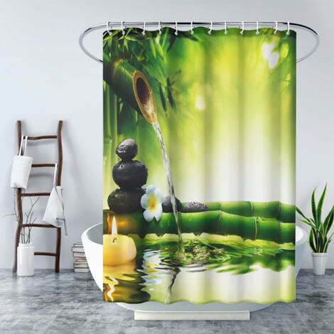Ahlsen Rideau De Douche Imperméable Anti Moisissure en Tissu Polyester Rideaux de Douche Lavable en Machine avec 12 Crochets pour Salle de Bains 180x180cm (Bambou Vert) (1/5)