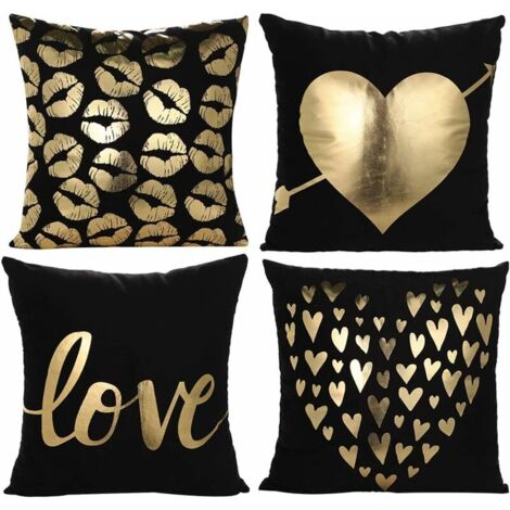 Ahlsen Taie d'oreiller doré doux estampage à chaud coeur amour baiser housse de coussin pour lit canapé salon chambre 45 x 45 cm lot de 4 (amour en noir) (1/5)
