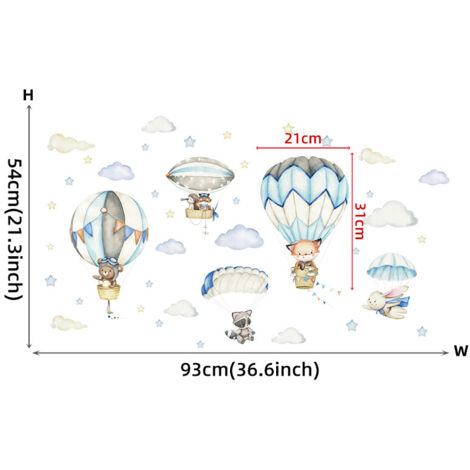 Ahlsen Un lot de Stickers muraux enfants-Decoration pour chambre de bébé motif Animaux montgolfières nuages- Autocollant mural