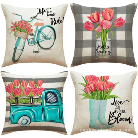 Ahlsen Lot de 4 Taie d'oreiller Extérieure Imperméable en Lin Moderne Housse de Coussin Ferme Printemps Plante Fleur Motif Carrées 45x45cm Housse Coussin pour Canapé Maison Salon Chambre Décoration (1/4)