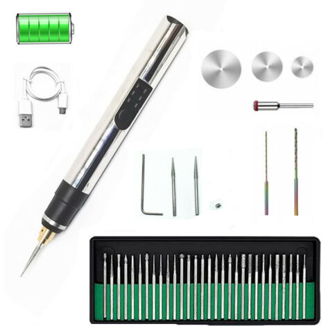 Ahlsen Stylo de gravure électrique, lot de 42, graveur sans fil rechargeable USB, graveur rotatif portable bricolage pour gravure sur pierre, bois, verre. argent. (1/5)