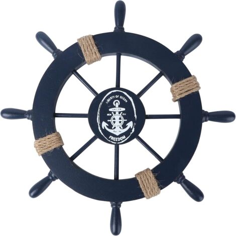 Ahlsen Décoration murale de roue de bateau en bois nautique, décoration murale de style méditerranéen (bleu foncé)