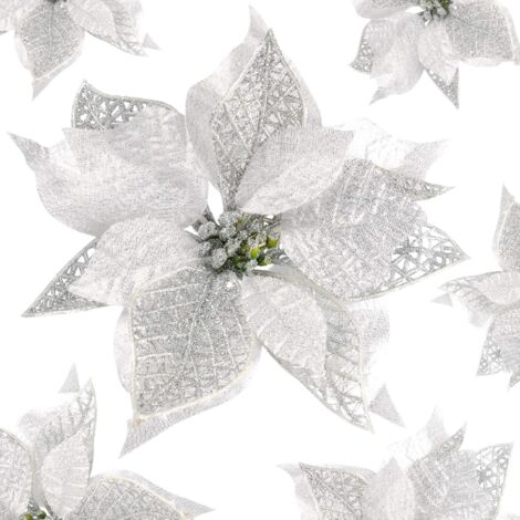 Ahlsen 12 Pièces Artificielles Fleurs de Noël Poinsettia Glitter Ornement Fleurs Etincelantes de Noël Paillettes Fleurs (Argenté) (1/5)