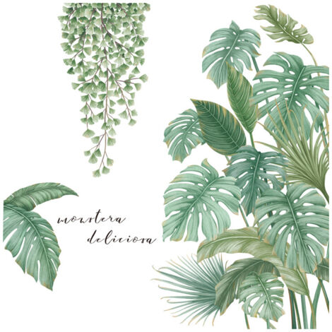 Ahlsen 4 Pièces Autocollant Mural Plante Verte, Sticker Mural Plante Tropicale, Convient pour Chambre à Coucher, Salon, Salle à Manger, Mur de Fond de Télévision, Couloir, Bureau, Magasin, Etc (1/5)
