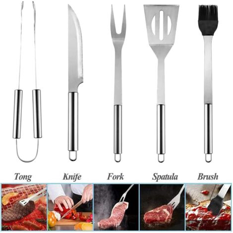 Ahlsen 5Pcs Ustensiles Barbecue, Kit Barbecue Outil de Barbecue en Acier Inoxydable, Set Barbecue Portable, Ustensiles pour Barbecue, Accessoires Barbecue pour Jardin, Extérieur, Randonnée, Grillades (1/3)
