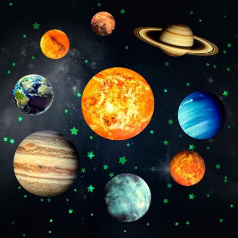 Ahlsen Autocollants Lumineux 9pcs Planètes Étoiles Lumineuses Système Solaire Planètes Fluorescent Stickers Muraux Décoration de Plafond Autocollants pour Chambres d'enfants (1/5)