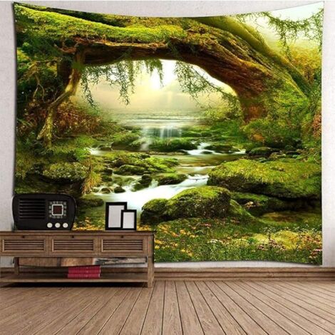 Skcess Tapisserie Murale Forêt Nature, Tenture Murale Verte Tapisserie Paysage Arbre Lever du Soleil Tapisserie Décoration Murale pour Chambre 300 x 260 cm
