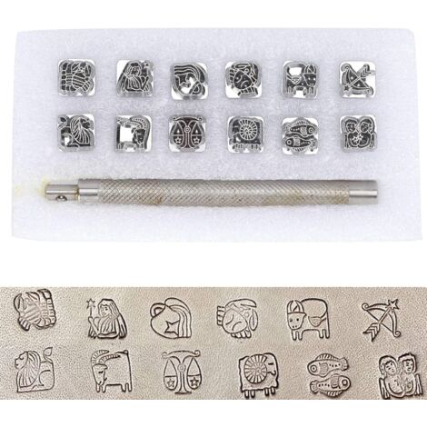 Ahlsen Lettre à Frapper, Outil de poinçonnage, poincon Metal a Frapper, 12 pièces en Cuir Artisanat en alliage de zinc estampage Outil de poinçonnage en Cuir et 1 poignée pour métal, Bois, Lettre