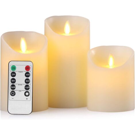 Ahlsen Lot de 3 bougies sans flamme à LED électriques en cire véritable avec télécommande et minuterie 24 heures (D : 7,5 x H : 10 / 12,5 /15 cm),Piles non incluses (1/5)