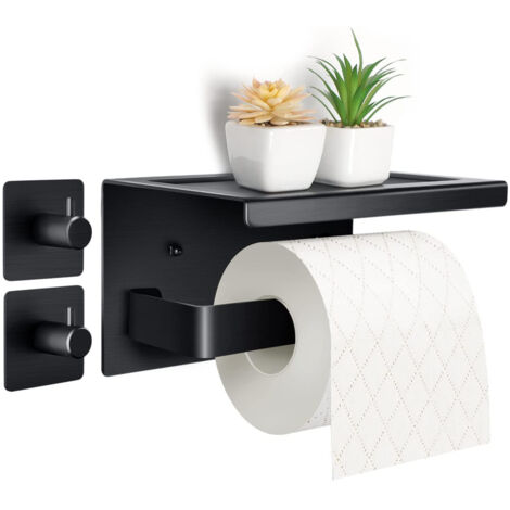 Ahlsen Purpledi Porte Rouleau Papier Toilettes en Aluminium (Perforé/Non perforé) Porte-Rouleau avec étagères Spacieuses Porte Rouleau Papier Toilette Noir Auto-adhésif avec Tablette