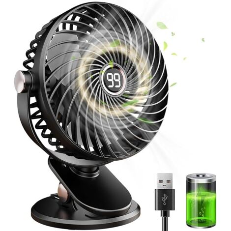 Ahlsen Ventilateur de Bureau, Mini Ventilateur USB Silencieux avec Écran LCD, 6000mAh Petit Ventilateur Portable Rechargeable, 5 Vitesses, Rotation 360°, Ventilateur Pince pour Bureau Maison Camping