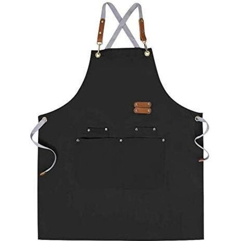 Ahlsen Tablier de Chef Tablier à Dos Croisé pour Hommes Femmes avec Bretelles Réglables et Grandes Poches, Toile, Noir