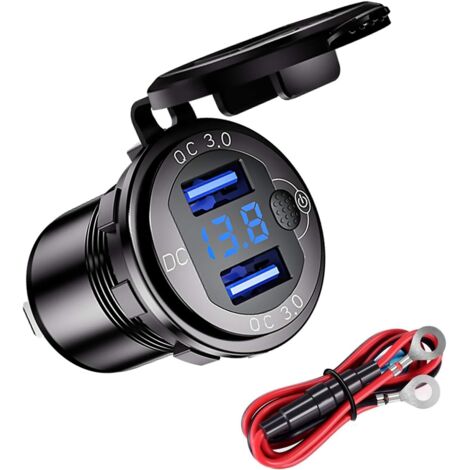 Ahlsen Chargeur USB QC3.0 Voiture de Moto étanche,12/24V Prise de Chargeur Double USB en Alliage D'aluminium, avec Interrupteur et LED Voltmètre pour Voitures,Bateaux,VTT,Bus(Noir) (1/5)