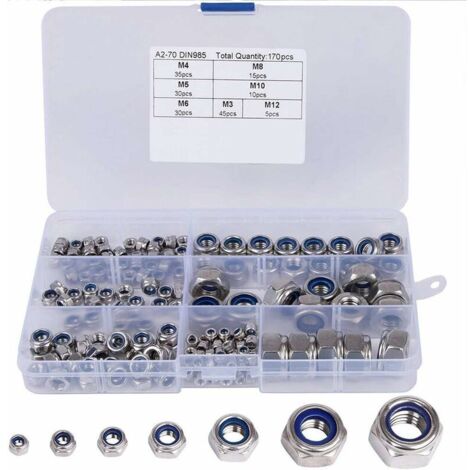 Ahlsen Ecrou Hexagonal, 170 Pièces Nylon Écrou De Blocage Assortiment Kit, Acier Inox Hexagonale Ecrous De Verrouillage, 304 Et Nylon Dimensions: M3, M4, M5, M6, M8, M10, M12 (1/5)