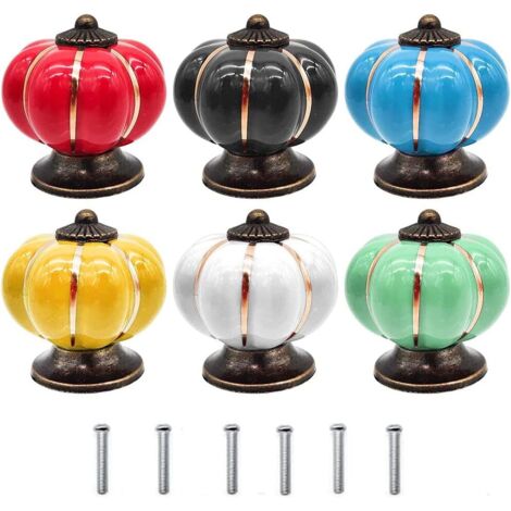 Ahlsen Bouton Céramique, 6 Pièces Bouton Céramique Coloré,Bouton Céramique Rétro, Bouton Forme Citrouille, avec Vis, pour Armoire de Cuisine, 6 Couleurs