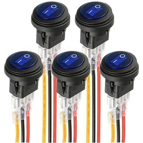 Ahlsen bleu LED interrupteur rond électroluminescent KCD1-8 interrupteur à bascule étanche 12V 20A marine et divers éclairage étanche à 3 broches avec commande par fil (5pcs) (1/5)